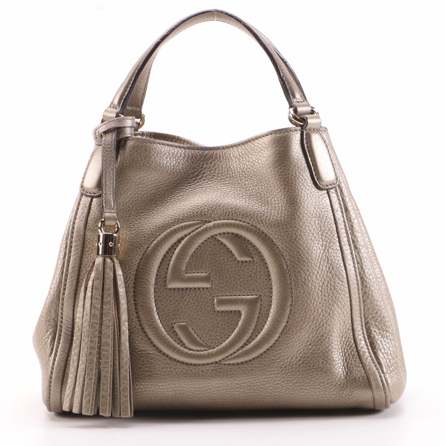 Gucci Soho Tassel Two Way Bag in Metallic Golden Beige Grained Leather Everything But The House